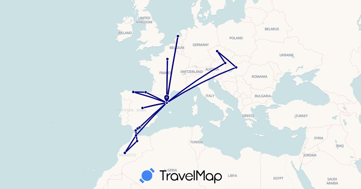 TravelMap itinerary: driving in Austria, Czech Republic, Spain, France, Gibraltar, Hungary, Morocco, Netherlands (Africa, Europe)